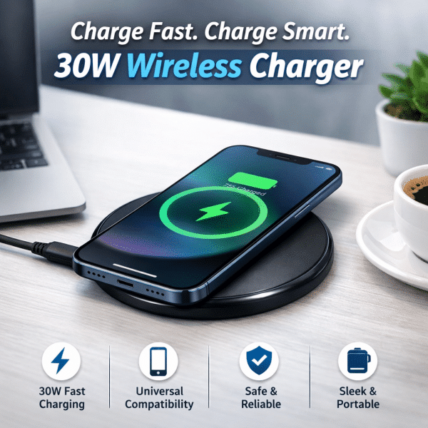 ⚡30W Wireless Charger – quick charge for iPhone and Samsung.