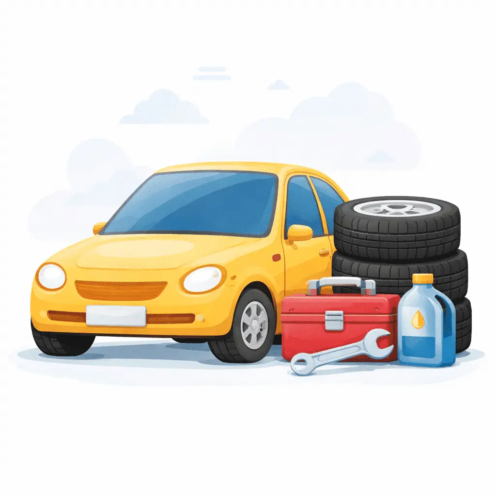 Automotive tools and car maintenance items including tires, toolbox, wrench, and engine oil beside a yellow car