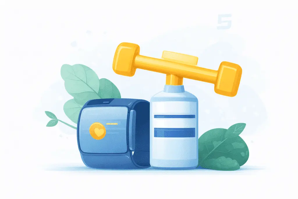 Fitness essentials including a smartwatch, dumbbell, and supplement bottle with leaves